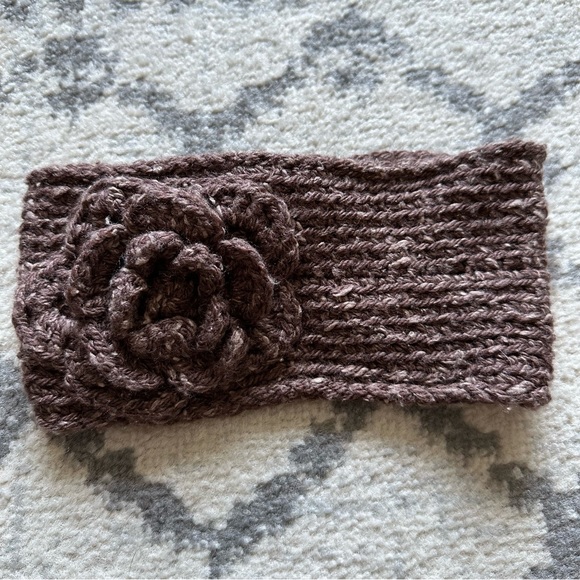 Brown Knit/Crochet Headband/Ear Warmer Flower Button Back One Size - Picture 2 of 11